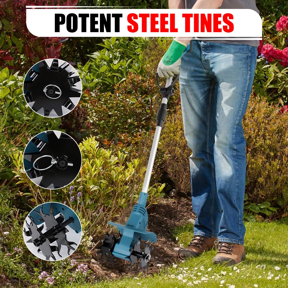 Podofo - Cultivador Eléctrico Inalámbrico para Jardinería, 330 RPM, con 4 Cuchillas para Labranza y Limpieza Suaves, Cultivador Manual para Macizos Elevados