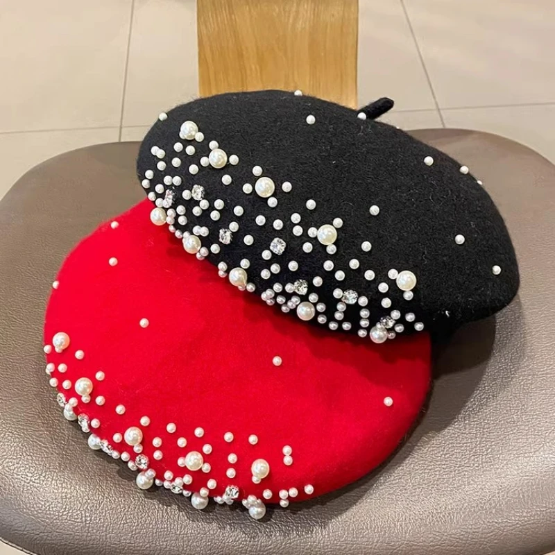 Elegant Wool Pearls Rhinestone Berets for Women Warm Winter Hats Skullies Beanies Vintage Cashmere Female Flat Hats Solid Caps