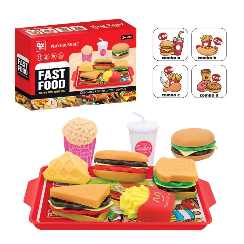 9PCS Set Cucina Cibo Casa da gioco Cibo Giocattolo Simulazione Hamburger Patatine fritte Hot Dog Staccabile Snack di plastica Finta Giocattoli Per Bambini