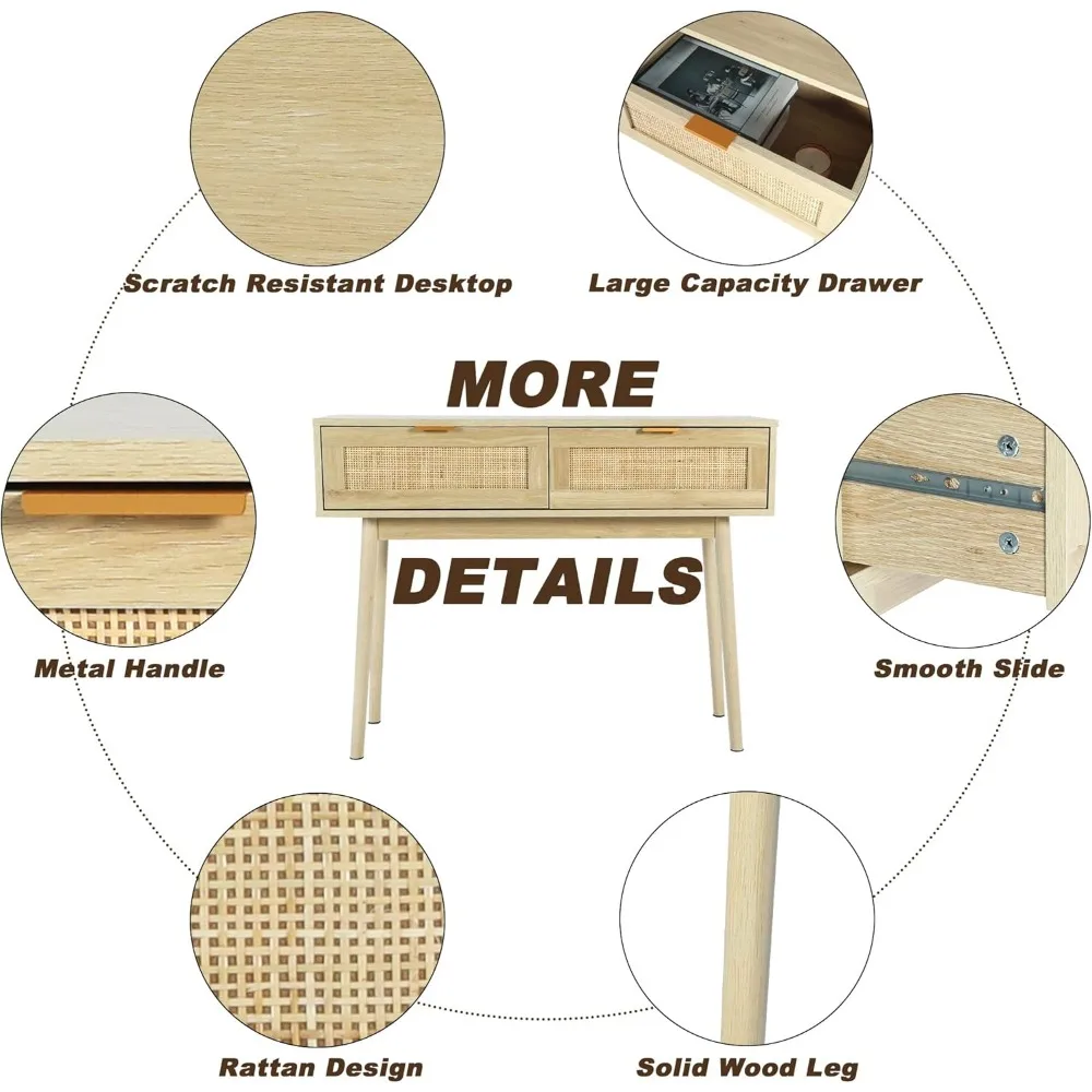 Table console moderne en rotin avec tiroirs, table de canapé en chêne, bureau d'entrée étroit pour couloir, meubles pour petits espaces