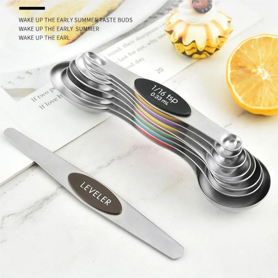 Magnetic measuring spoon set, double-sided, stainless steel, suitable for seasoning cans, 8-piece set