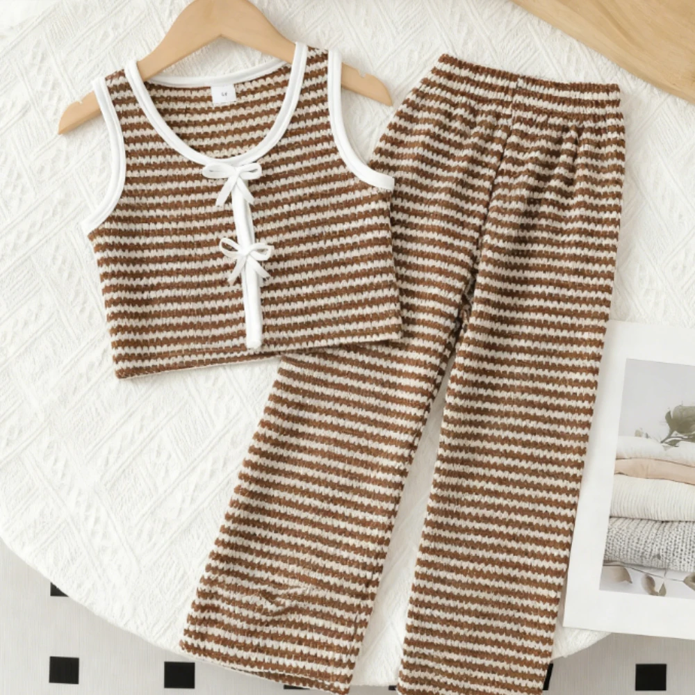 3-7 Year Old Summer New V-neck Sleeveless Cardigan+striped Wide Leg Pants Two-piece Set Korean Version
