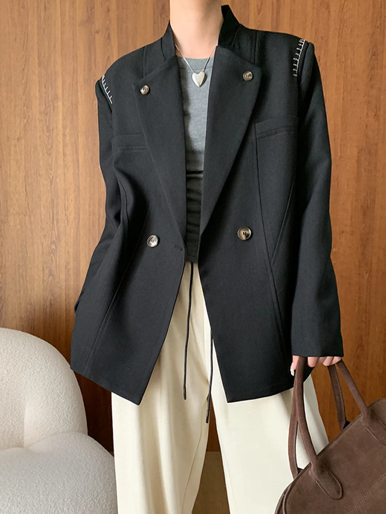 BZVW Korean Office Lady Blazer Women\'s Notched Double Breasted Solid Color Coats Versatile 2024 Autumn New Clothing 25A8859