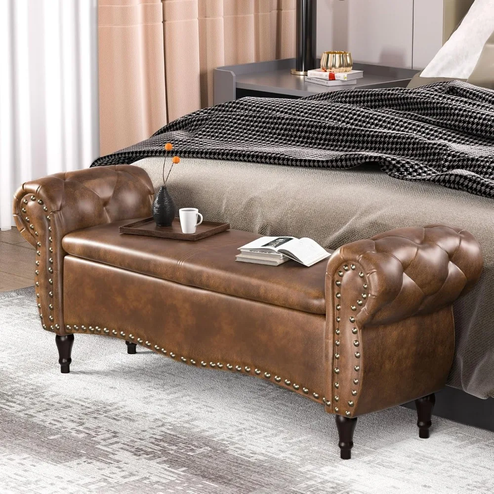 Storage Ottoman Bench, Length Upholstered Bench & Ottoman with Safety Hinge, Tufted Bed Bench with Rolled Arm and Nailhead Trim