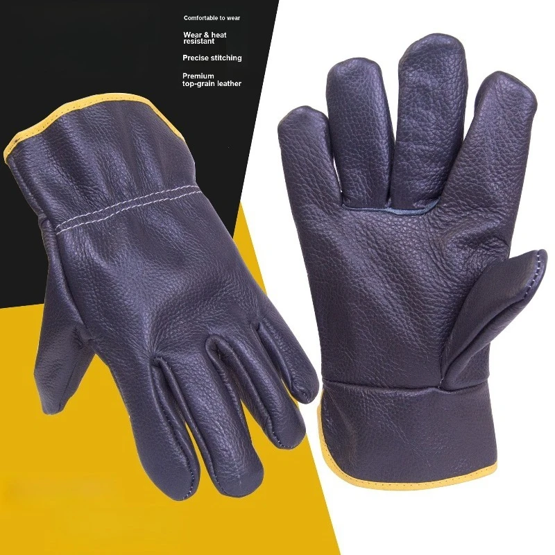 Non Slip Dark Cowhide Protective Work Gloves Full Connected Back Design for Driving Welding and Gardening Work