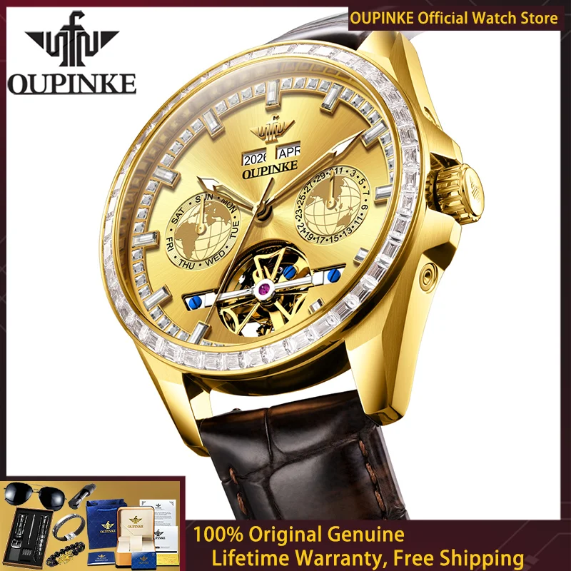 

Мужские часы OUPINKE Luxury, оригинальные, с бриллиантовым безелем, полностью автоматические, механические, повседневные, с кожаным ремешком, модель 3280.