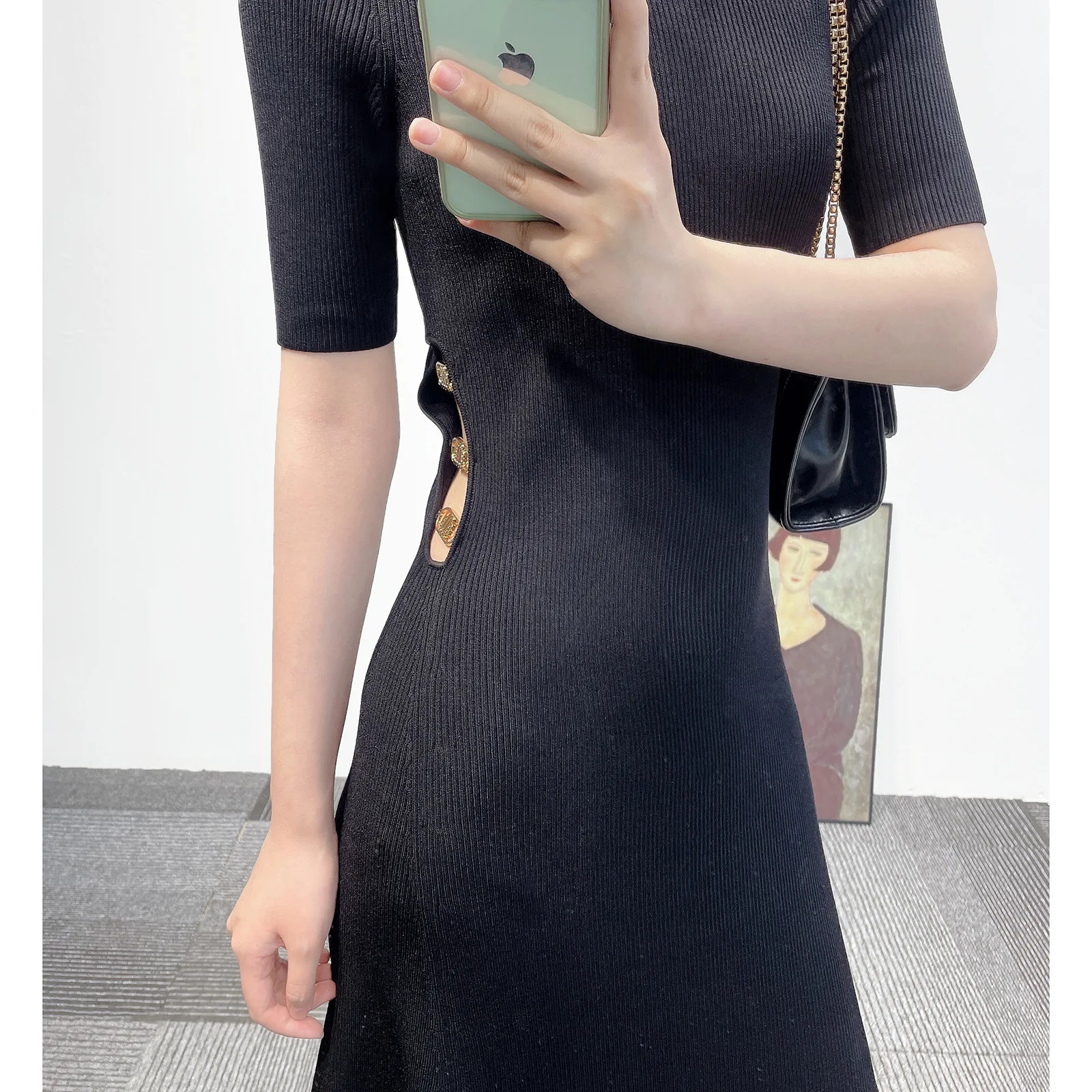 High Quality New Spring Summer Women Short Sleeve Dress Elegant Metal Buckle Hollow Waist Solid Black Ultra Long Dress for Lady