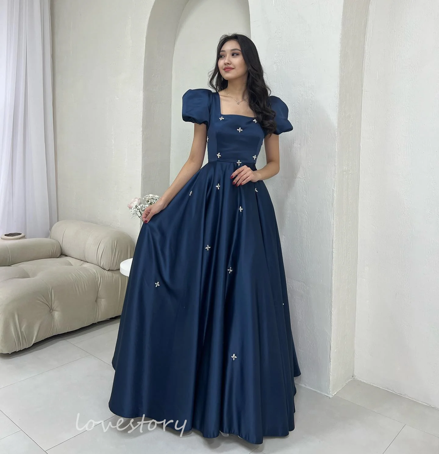 Lovestory Navy Blue Prom Dress Beaded vestidos de noche Formal Evening Dress Floor Length A Line Party Dresses Formal Occasions