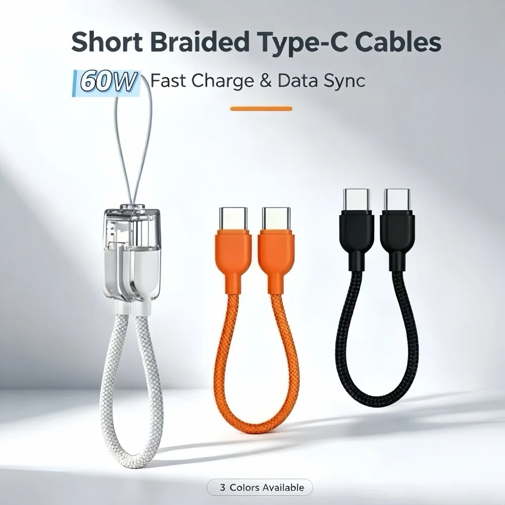 Cabo de Carregamento Rápido PD Tipo C para Tipo C 60W, Power Bank Chaveiro, Cabo Curto de Dados e Carregador para iPhone 17 16 15 Samsung Xiaomi