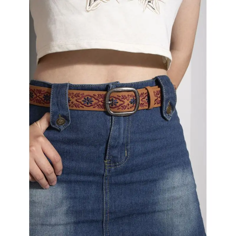 Bohemian vintage ethnic-style belt, embroidered women's leather belt, boho fashion belt