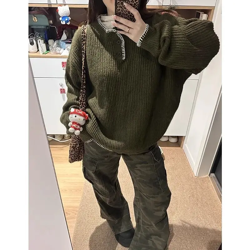 

Deeptown зеленые винтажные базовые женские свитера с длинным рукавом, корейские модные вязаные пуловеры на пуговицах, свободные повседневные осенние пуловеры