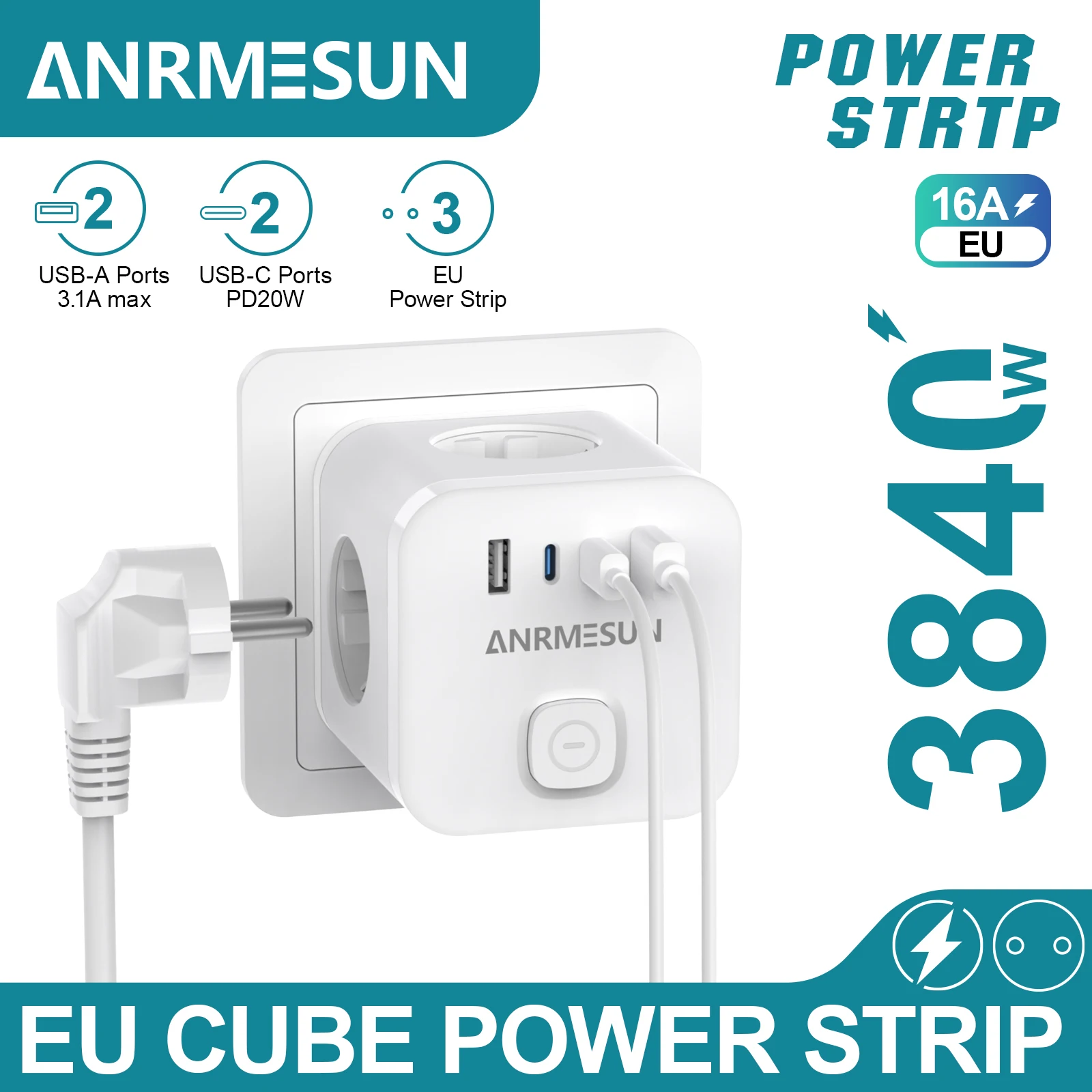 EU Plug Power Strip Wall Socket with 3 AC+2 USB QC 17W +2 Type C PD 20W Fast Charger Adapter 7-in-1 Socket On/Off Switch Plug