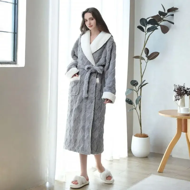 Thicken Flannel Nightwear Kimono Jacquard Robe Lady Home Clothes Long Nightgown with Pocket Women Shower Robes Sleepwear