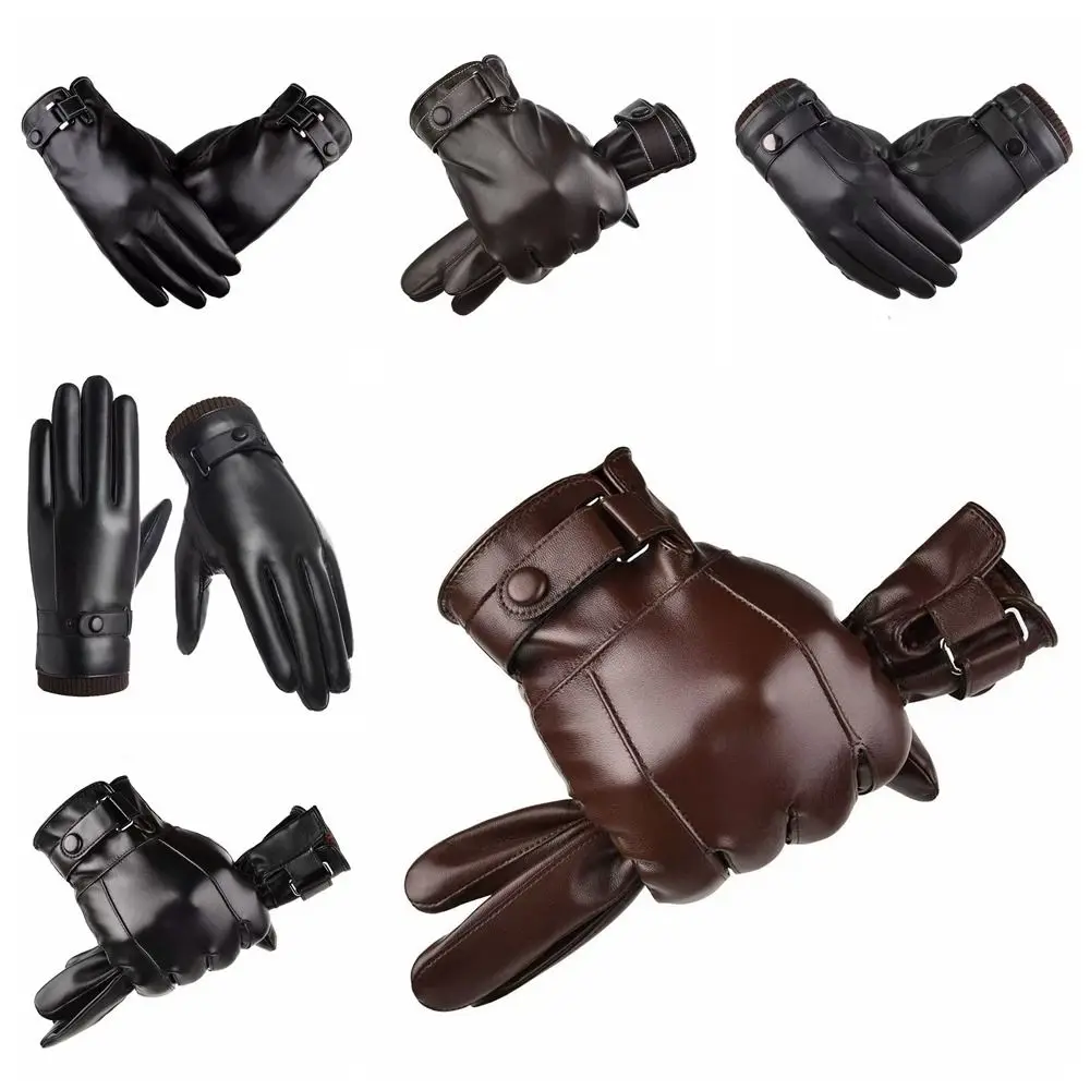 Guanti da ciclismo maschili in pelle PU antivento Touch Screen Guanti da ciclismo maschili in velluto spesso Tenere al caldo Guanti da moto morbidi con dita intere