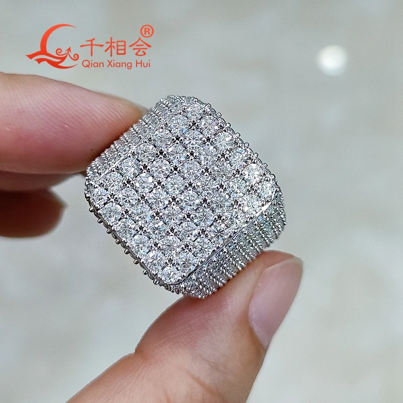 20mm big size square shape silver color S925 Silver D white full melee Moissanite Men's women's Ring Luxury Style gift wedding