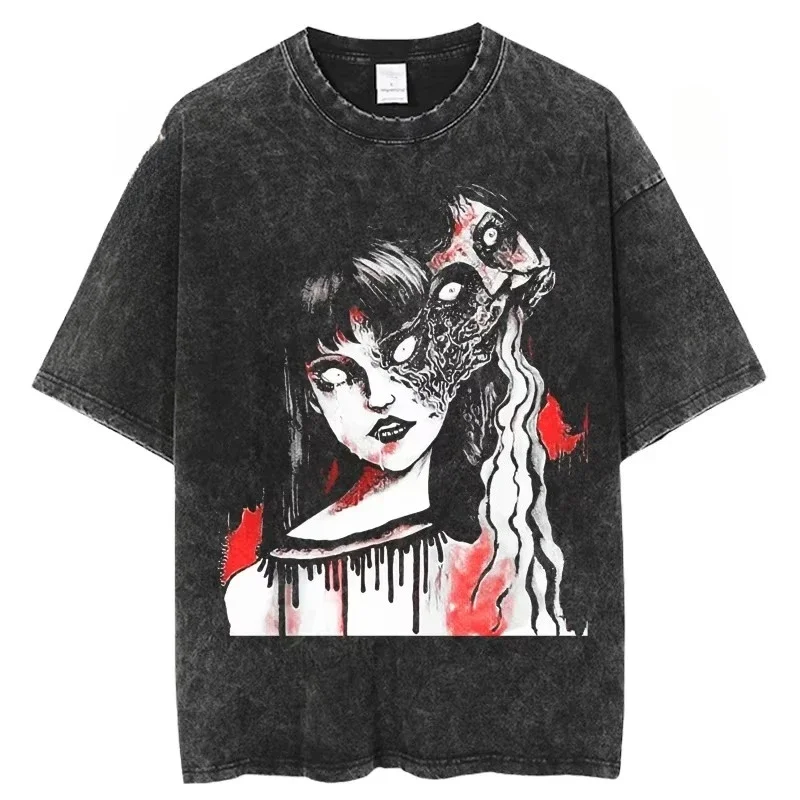 Horror Anime Pattern Print Washed T-shirts Women Summer Casual Fashion Harajuku Vintage Streetwear Y2K O-Neck Short Sleeve Tees