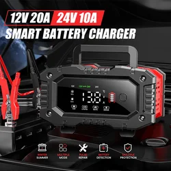 FOXSUR 20A/10A Car Motorcycle Battery Charger 12V/24V Smart Charger Lithium AGM GEL Lead-Acid LiFePO4 Battery Chargers1 Set