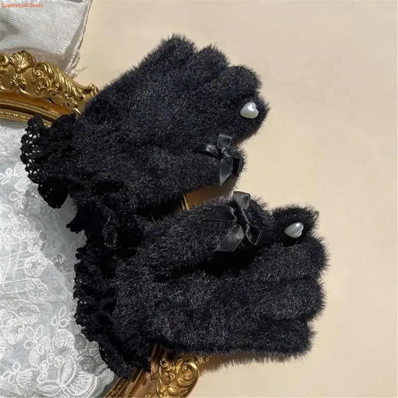 Q5WE Children Girls Bowknot Ruffle Lace Trim Thick Warm Fuzzy Full Finger Gloves
