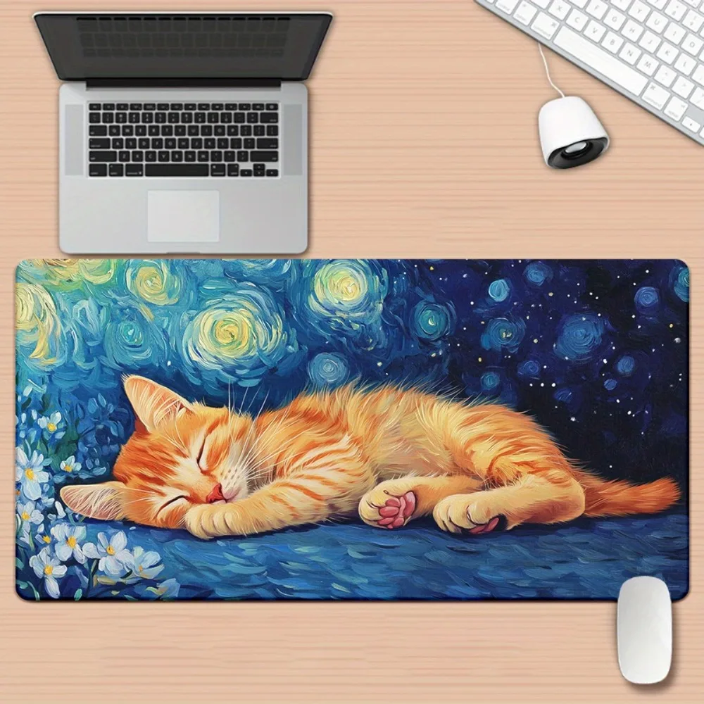 Aesthetic Starry Night Cat Desk Mat, Extra Large Sleeping Kitten Mouse Pad, Non-Slip Waterproof Keyboard Mat for Desk Decor