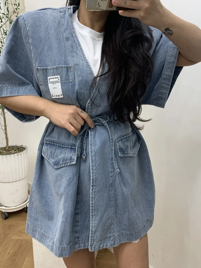 

Женский винтажный джинсовый топ свободного покроя с поясом, утягивающий жилет из хлопкового материала, V-Ne, стандартной длины, для поездок на работу