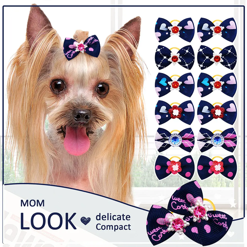 60PCS Dog Bow Rubber Band Handmade Dog Supplies Wholesale Headwear Luxury Diamond For Dogs Pet Grooming Accessories