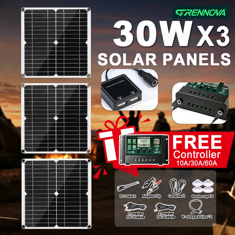 Портативный солнечный комплект GRENNOVA 30W - 120W (1-4 шт.) с бесплатным контроллером 60A, кабелями постоянного тока и монтажными аксессуарами для автодомов