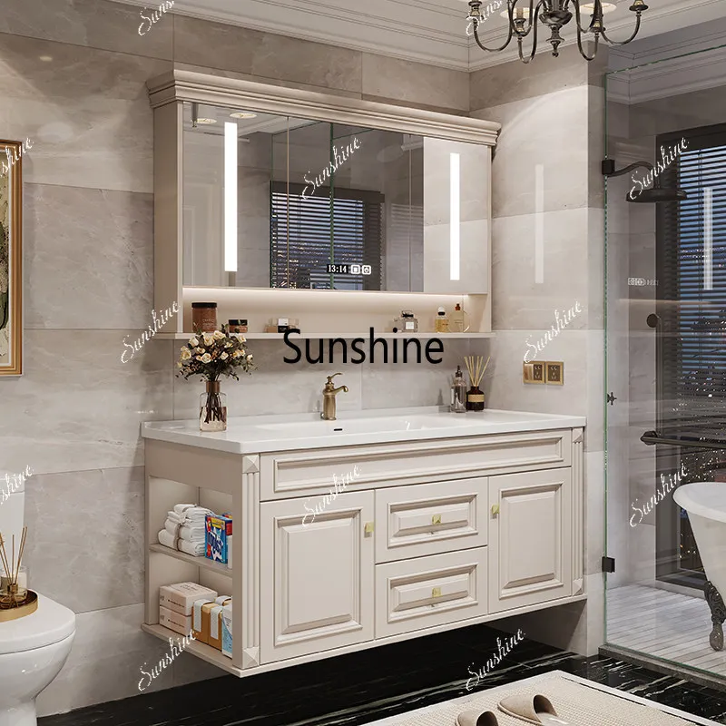 American bathroom cabinet combination bathroom integrated ceramic basin solid wood smart