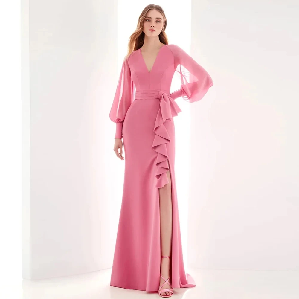 

Peach Pink Mother of The Bride Dress V-neck Puff Sleeves Pleat Belt Ruffles Split Chiffon Mermaid Wedding Guest Party Gown