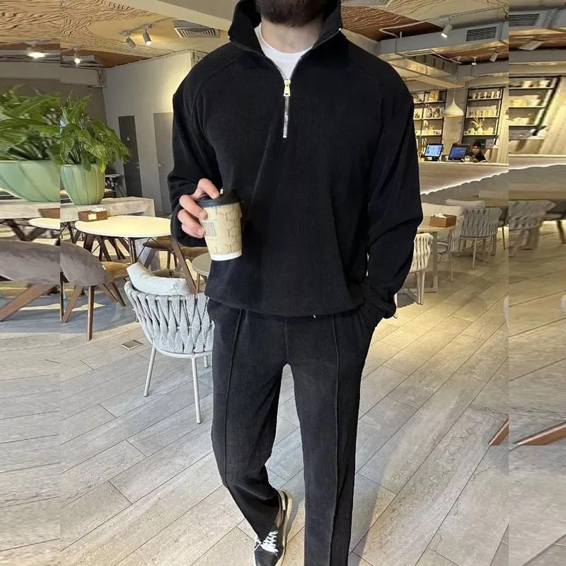 Frühling Herbst Herren Cord Zweiteiler Set Stehkragen Halb-Reißverschluss-Pullover Passende Hose Europäisch-Amerikanischer Trendiger Loser Lässiger Outfit – Detail 7