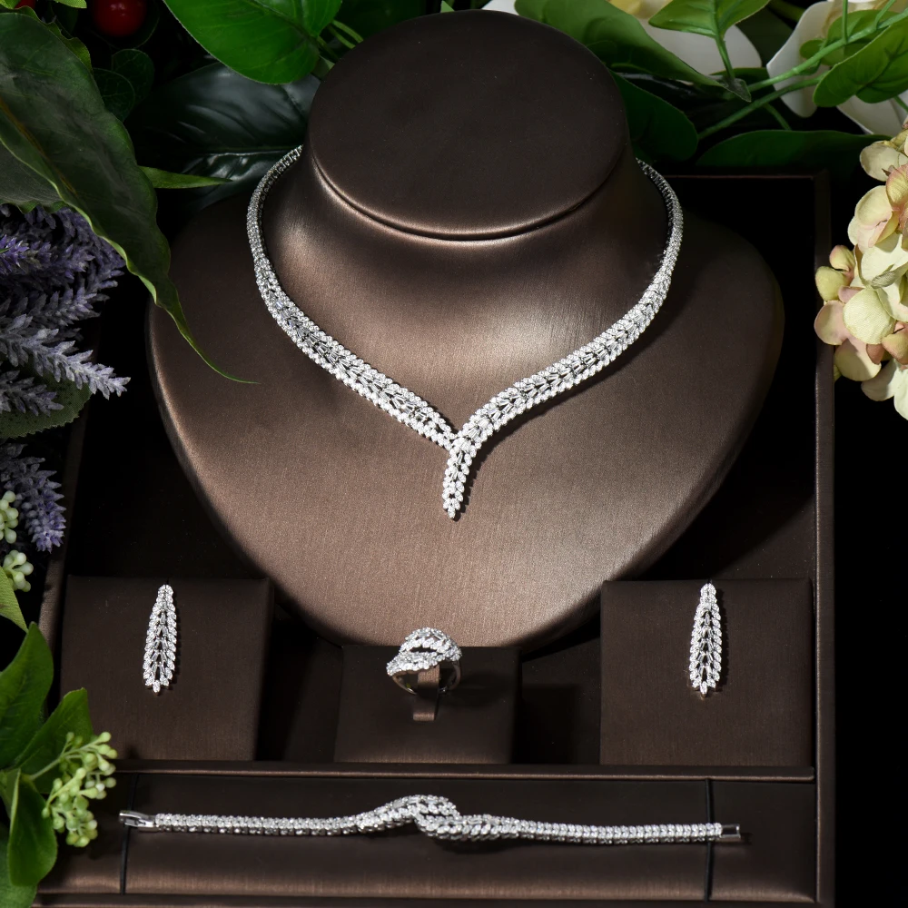 HIBRIDE Classic Baguette Cubic Zirconia Stone Wedding Necklace and Earring Set Dubai Nigerian CZ Bridal Jewelry Set bijoux S-010