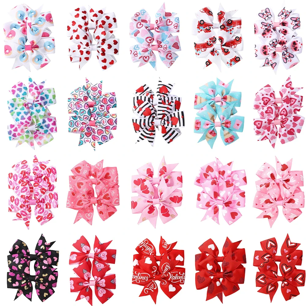 2Pcs/set Valentine's Day Printed Bow Hairclips for Girls Children Ribbon Hair Bows Clip Cheer Up Holiday Gifts Hair Accessories