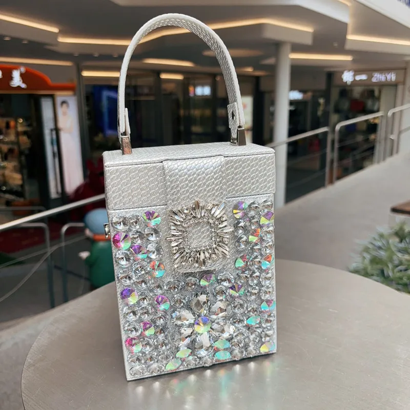 

2025 Luxury Design Women Diamonds Box Bag Fashion Wedding Bag Lady Woven Leather Square Handbag Colored Rhinestone Crossbody Bag