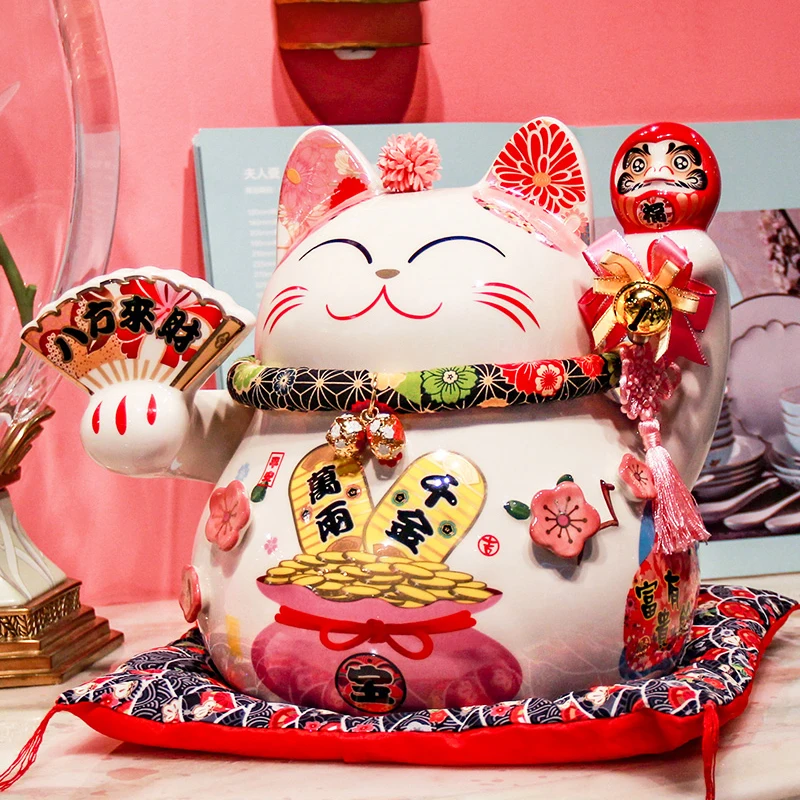 سيراميك Maneki Neko Lucky Cat - تمثال قطة الحظ على الطراز الياباني للمنزل ومدخل المتجر والبهو وديكور المكتب