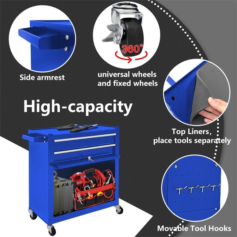 2 in 1 Rolling Tool Chest Cabinet with Locking System 8 Drawers Durable Steel Tool Storage Garage Organization Portable Tool Box