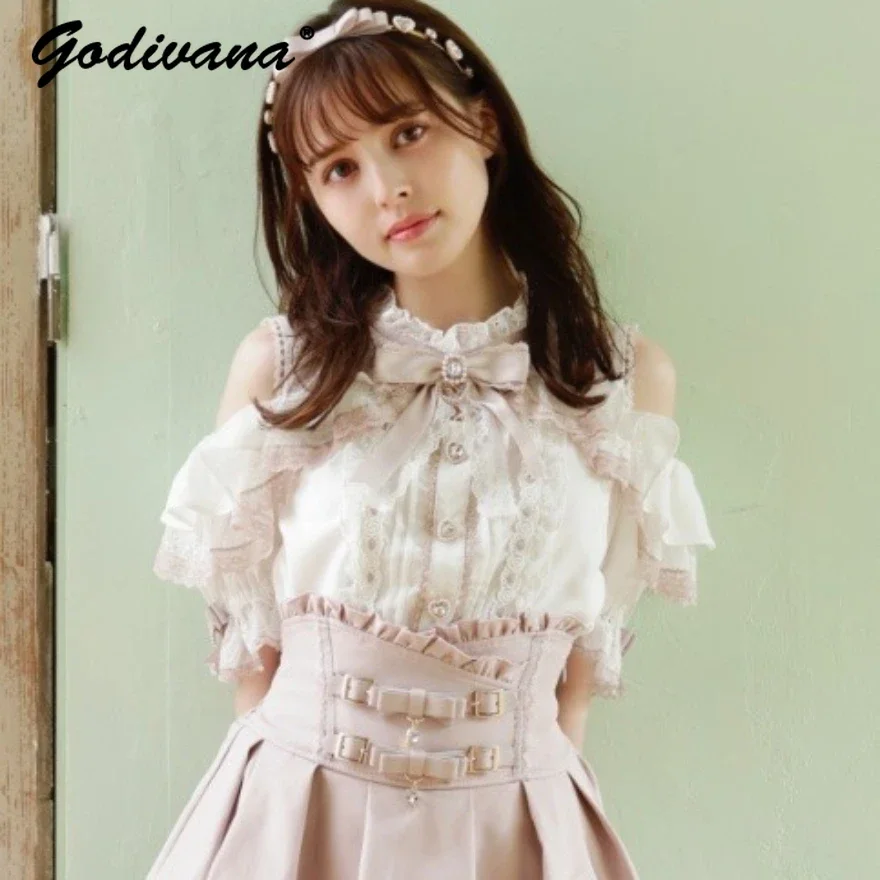 

Liz Japanese Mass-Produced Mine Off-Shoulder Lace Ruffle Color-Block Bow Shirt Short Sleeve Tops Spring Summer Lolita Blouses