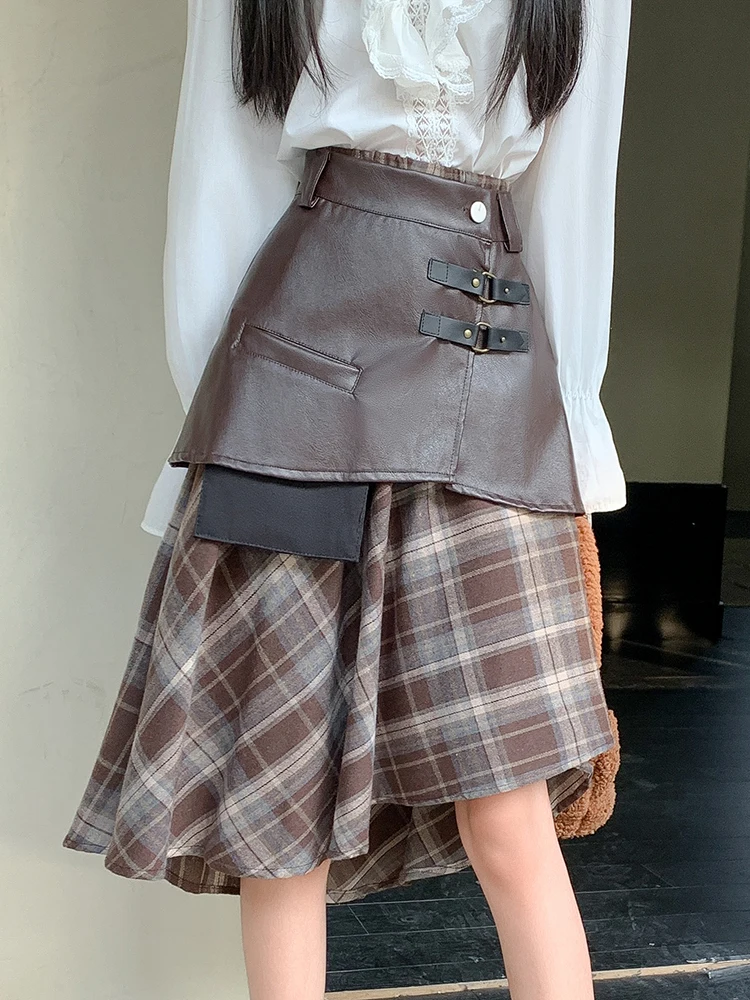 Stylish 2 Piece Stitching PU Plaid Skirts Women Korean Fashion High Waist Irregular Skirt 2024 New Autumn Winter Outfits Skirts