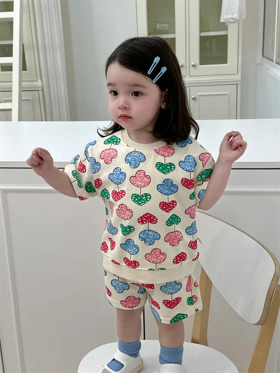 Roupas esportivas de algodão para bebês, conjunto de roupas de manga curta, calções casuais estampados na moda infantil, menino e menina, verão,