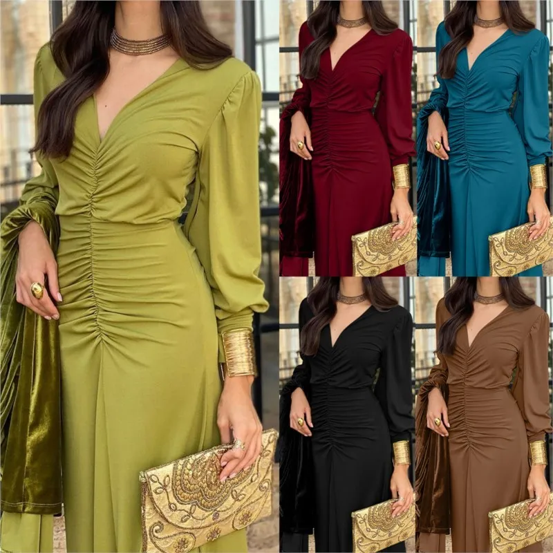 Frauen Langes Kleid Elegante Bodycon Eingewickelt Knoten Solide V-ausschnitt Langarm Abend Party Cocktail Formale Kleider Für Frauen