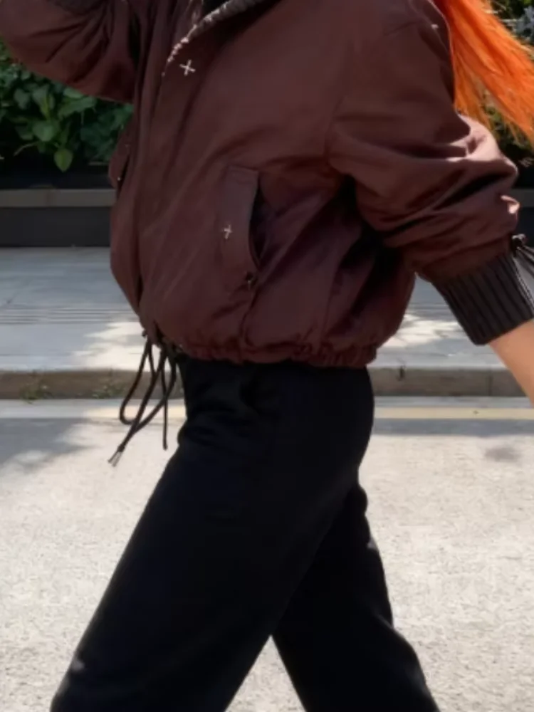 

Повседневное лоскутное пальто с лацканами, женские свободные пальто на молнии с карманами и длинными рукавами, короткая куртка на шнурке, осень 202, женская верхняя одежда для поездок на работу