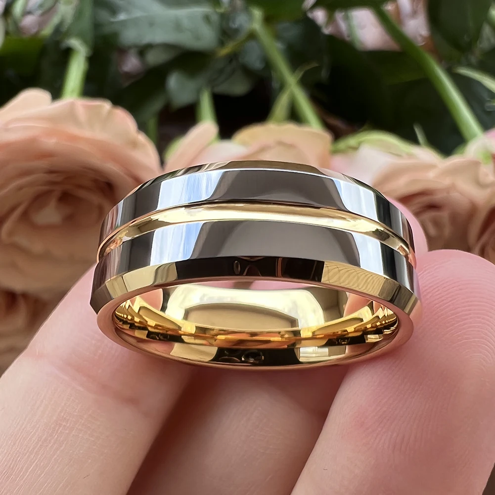 6 mm 8 mm Wolfram-Ring für Damen und Herren, Verlobung, edler Schmuck, Ehering in der Mitte, gerillt, abgeschrägte Kanten, poliert, glänzend, bequeme Passform – Detail 1