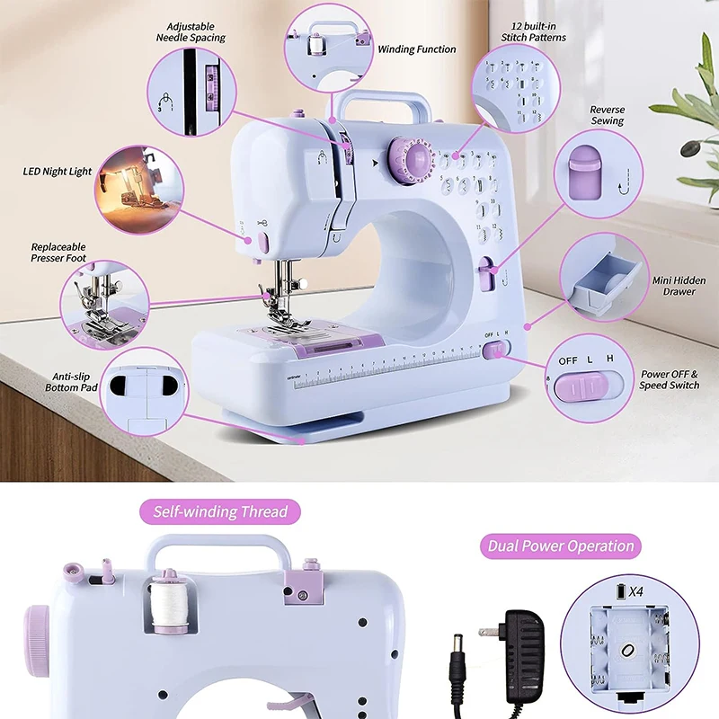 Portable Sewing Machine Mini Electric Household Crafting Mending Overlock 12 Stitches Pedal Beginners With Presser Foot