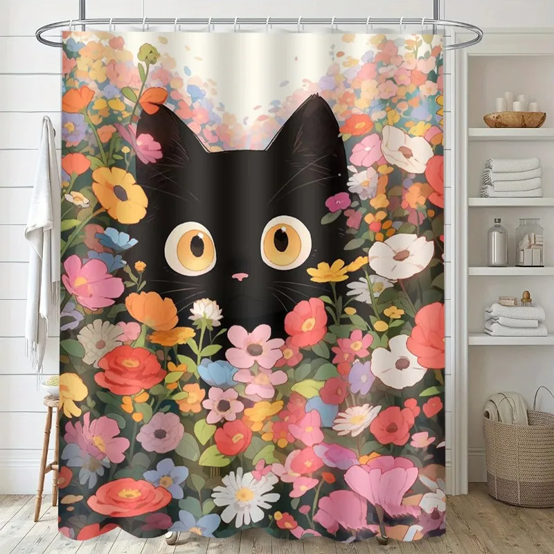 

Черная кошка с цветами, моющаяся грязеотталкивающая занавеска для душа, насадка для душа, водонепроницаемая полиэстеровая занавеска для ванны для домашнего декора