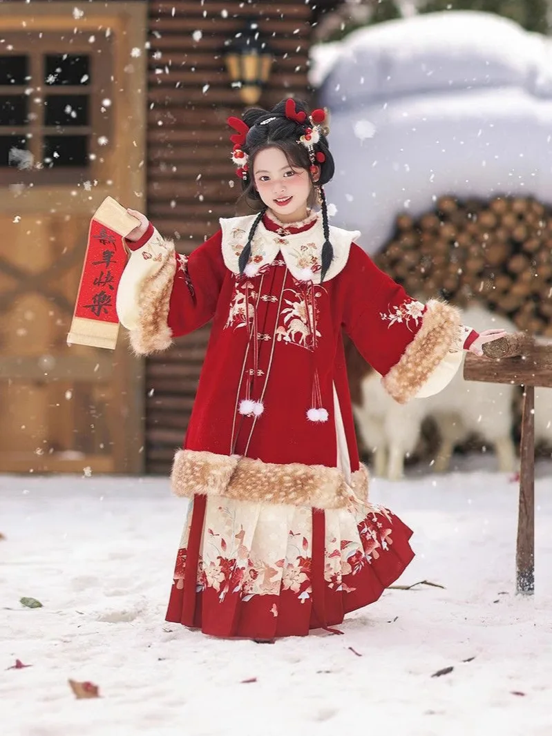 فستان هانفو مبطن دافئ للشتاء الأحمر الجديد للفتيات زي الجنية القديمة للأطفال بدلة تانغ ملابس السنة الصينية الجديدة #4
