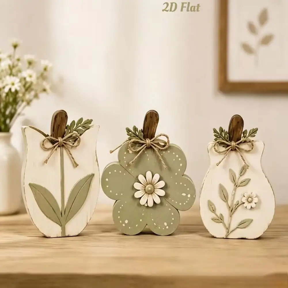 3PCS Multicolor Desktop Ornament 2D Flat Wooden Wood Figurine Decoration Cat Mushroom Flower Xmas Tree Tabletop Decoration