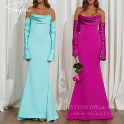 Charming Mermaid Strapless Evening Dresses Fuschia Sleeveless Saudi Arabic Prom Gown Satin Blue Long Formal Occasion Dress