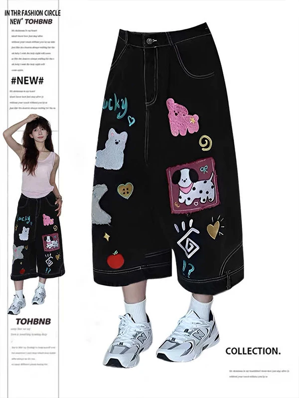 

plus Size Women's Black Cartoon Embroidered Denim Wide Leg Pants Summer Loose Fit Seven Quarter Length Shorts Casual American...