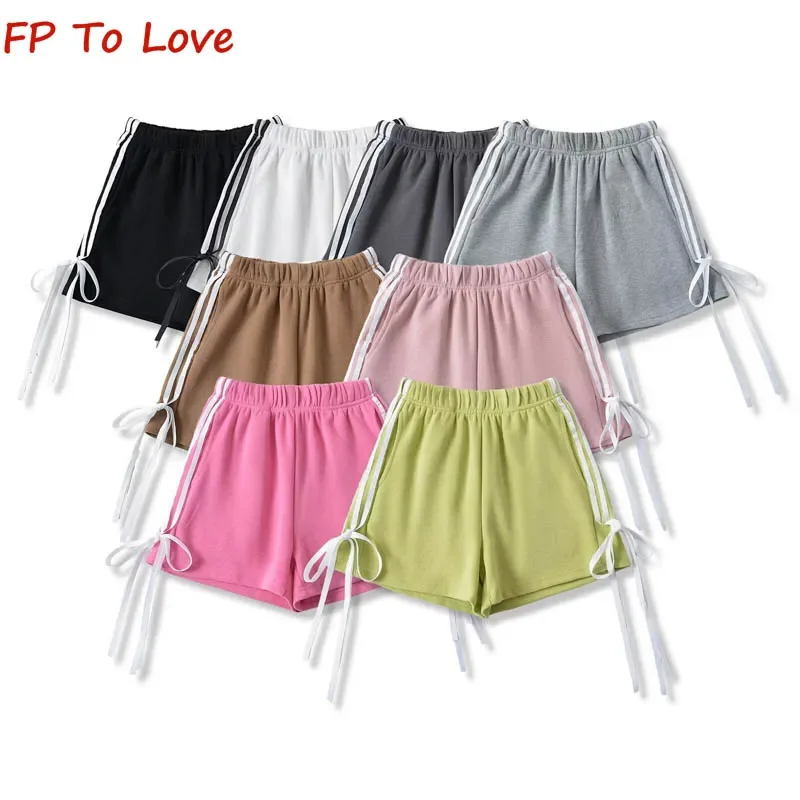 

High Waisted Loose Side Vertical Stripe Bowknot Sport Shorts Elastic Waist Collision Colour Wide Leg Pants