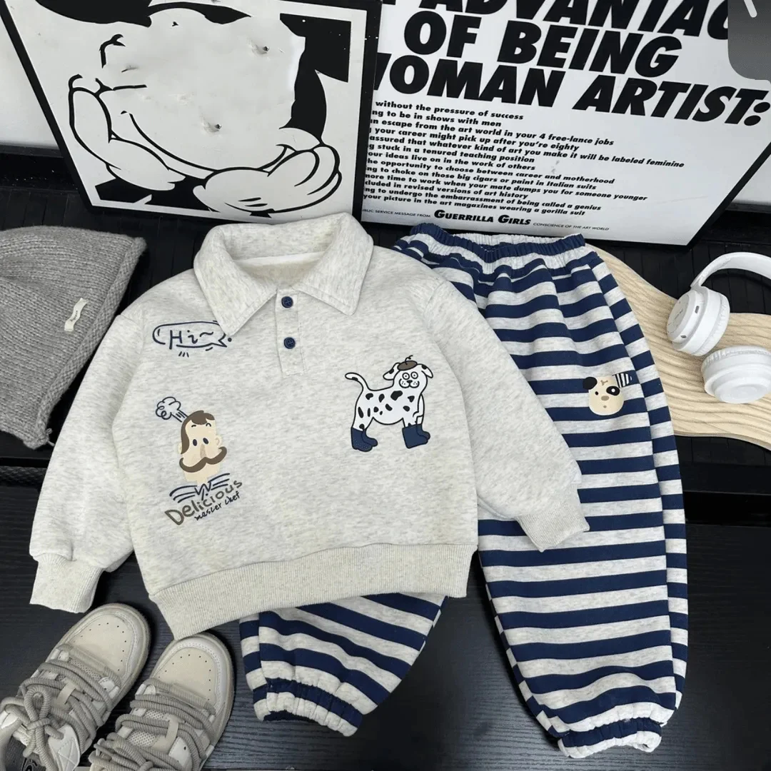 

Осенние комплекты для мальчиков, теплый костюм для девочек, детские толстовки с героями мультфильмов, штаны в полоску, 2 шт., весенняя детская модная одежда, повседневная одежда для малышей