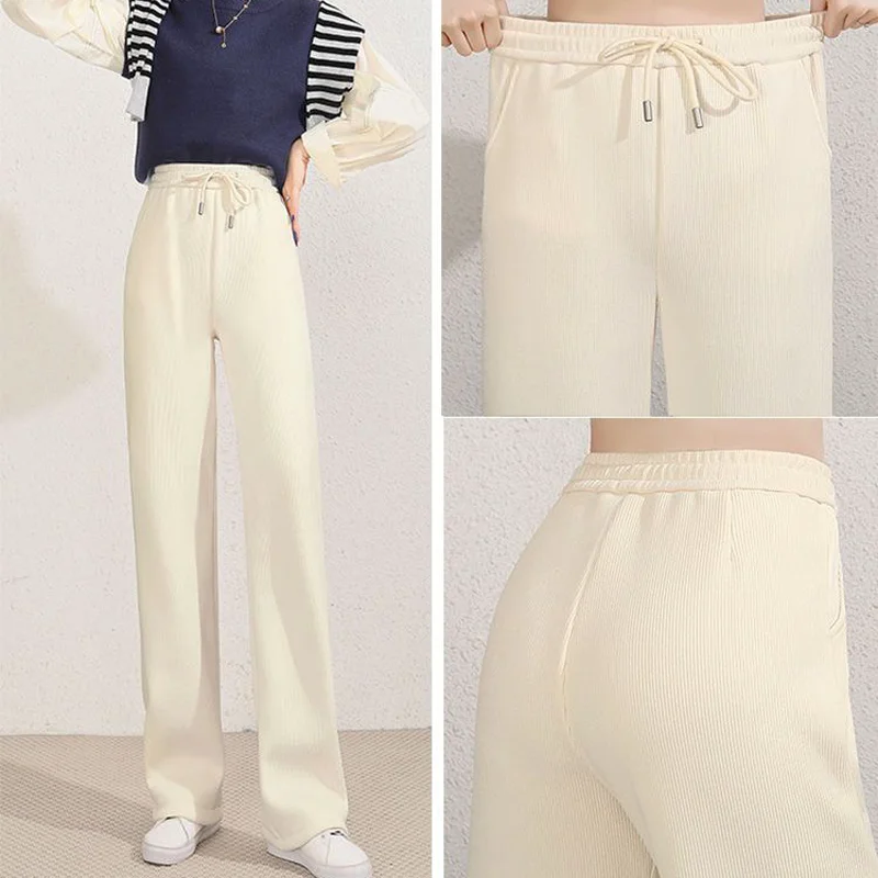 Calça de perna larga cintura alta feminina, calça reta larga larga larga, moda coreana casual, calça quente grossa, mais veludo, outono, inverno