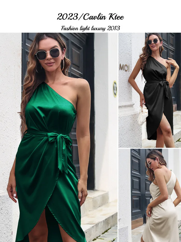 

Cavlin Ktee Summer Burst Single Sloping Shoulder Dress Satin Wrap Female New European and American Women